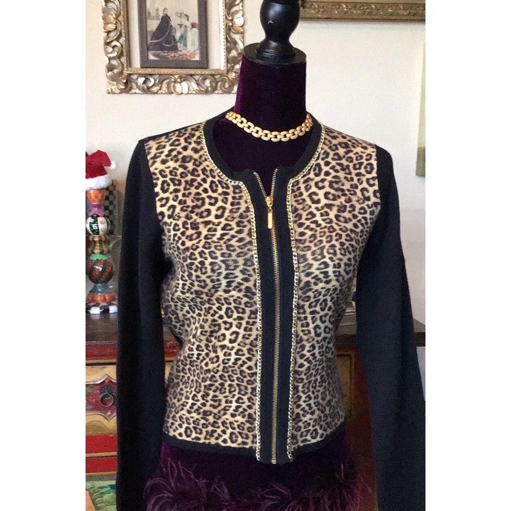 CHICOS VINTAGE ( 30 Years) Black Animal Print Zip Up CARDIGAN - GOLD CHAIN SMALL